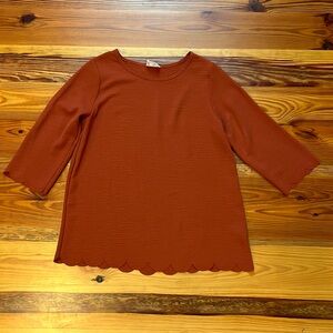 Scalloped Hem 3/4 length sleeve blouse, rust color, size medium